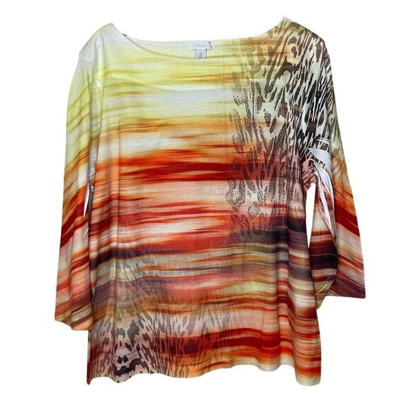 Chico's Tops - Chico's Boho Y2K Sunset Animal Print Boat Neck 3/4 Sleeve Yellow Orange Top 3 XL